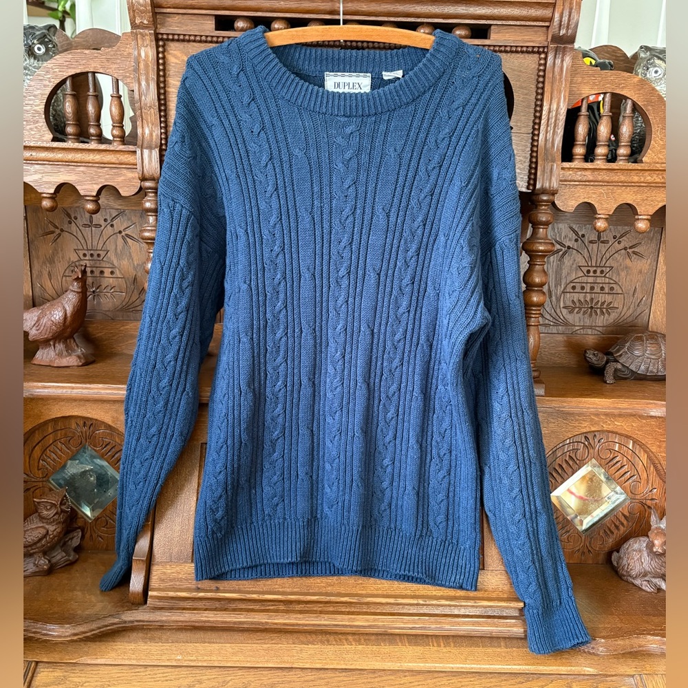 Duplex Designs Vintage Cable Knit Stone Blue Sweater Size Medium